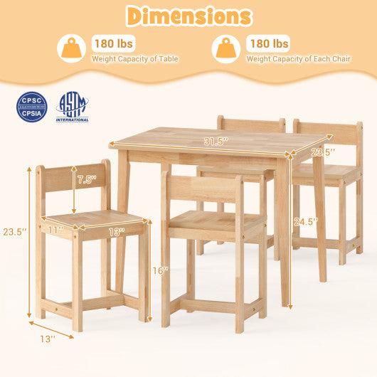 5-Piece Kids Table and Chairs Set Solid Rubber Wood Toddler Activity Table-Natural