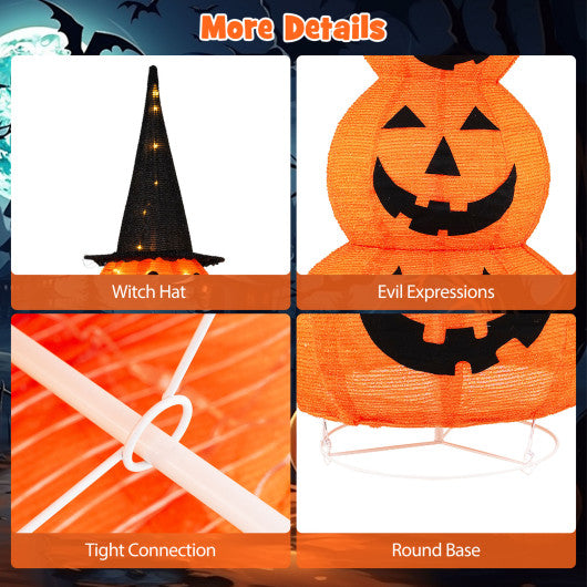 5 Feet Lighted Stacked Pumpkins Halloween Decoration with Witch Hat