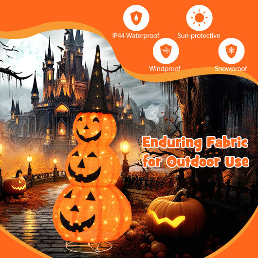 5 Feet Lighted Stacked Pumpkins Halloween Decoration with Witch Hat