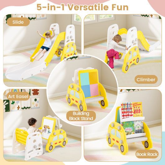 5 in 1 Convertible Toddler Slide Set Kids Art Easel with Stool and Book Rack-Yellow