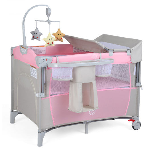 5-in-1 Portable Baby Beside Bassinet with Diaper Changer-Pink