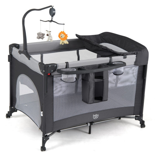 5 in 1 Portable Baby Pack and Play with Music Box and Hanging Toys-Black