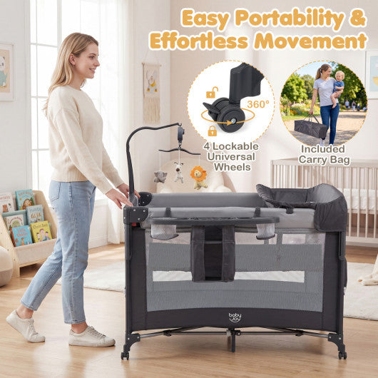 5 in 1 Portable Baby Pack and Play with Music Box and Hanging Toys-Black