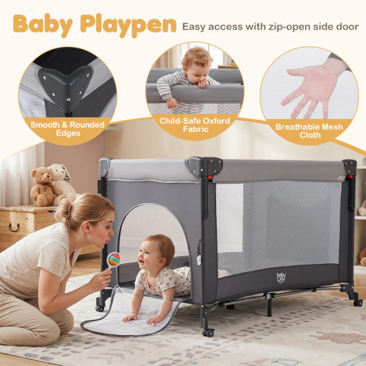 5 in 1 Portable Baby Pack and Play with Music Box and Hanging Toys-Black