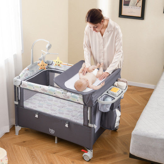 5-in-1 Portable Baby Beside Sleeper Bassinet Crib Playard with Diaper Changer-Gray
