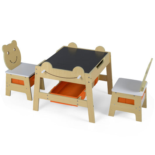 5-in-1 Toddler Table and 2 Chairs Cute Art Desk Set with Reversible Chalkboard Whiteboard-Natural