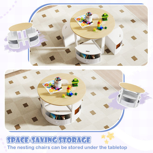 5 Piece Toddler Round Nesting Table with 4 Storage Stools for Activity-Natural