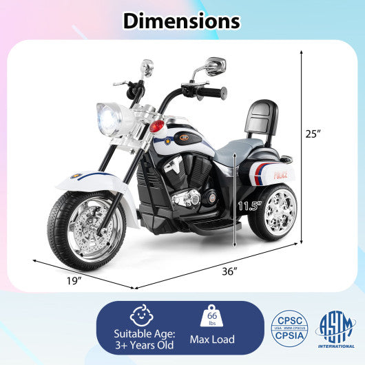 6V Powered Toddler 3-Wheel Motorbike Ride On Toy with Horn and Headlight-Black and White