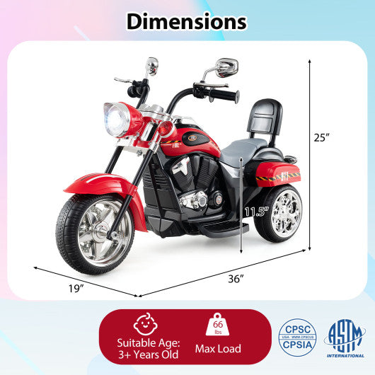 6V Powered Toddler 3-Wheel Motorbike Ride On Toy with Horn and Headlight-Black & Red