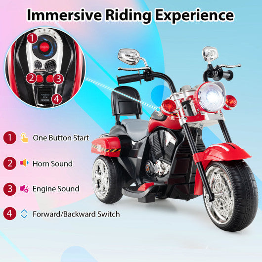 6V Powered Toddler 3-Wheel Motorbike Ride On Toy with Horn and Headlight-Black & Red