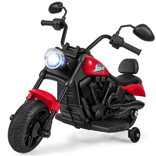 6V Kids Motorcycle with Headlight and Music and Training Wheels-Red