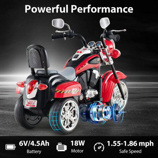 6V Powered Toddler 3-Wheel Motorbike Ride On Toy with Horn and Headlight-Black & Red