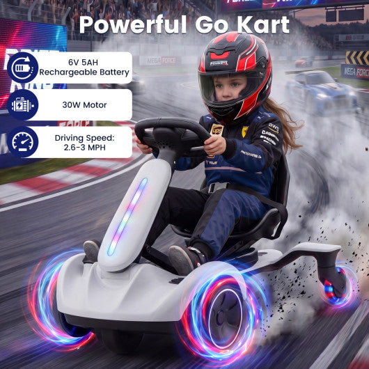 6V Ride-on Drift Car with Lights and Adjustable Seat-White