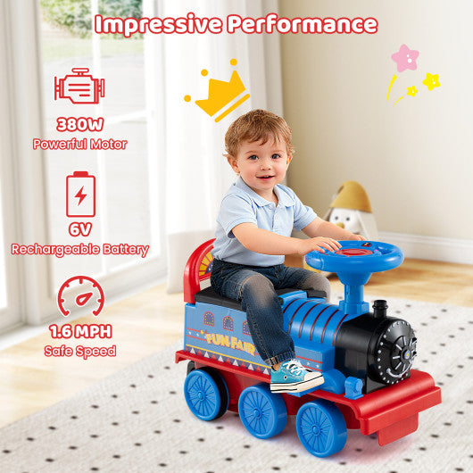 6V Ride on Train 2-Seater with Carriage and Flashing LED Lights-Blue