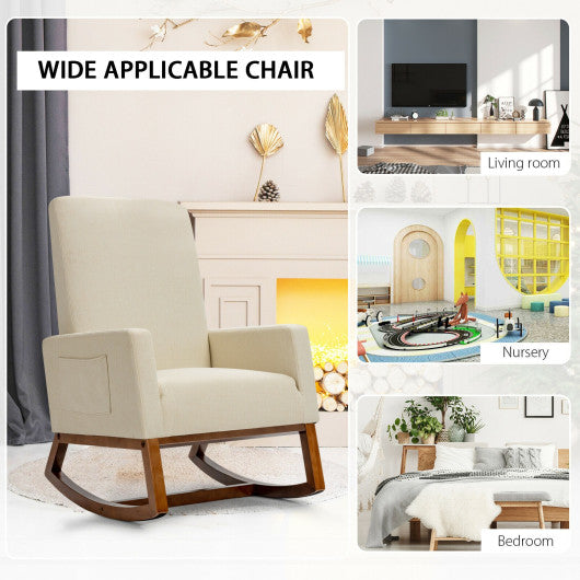 Rocking High Back Upholstered Lounge Armchair with Side Pocket-Beige