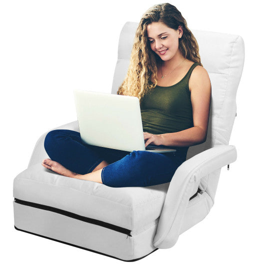 Folding Lazy Floor Chair Sofa with 6 Adjustable Position-White