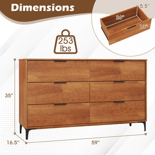 6-Drawer Dresser with Interlock System for Bedroom Living Room-Cherry