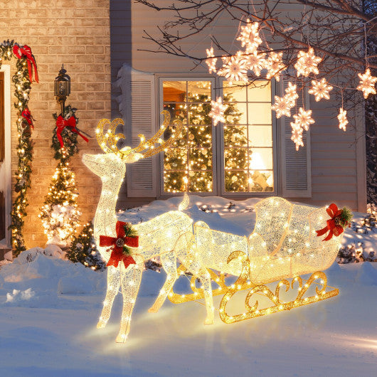 6 Feet Christmas Lighted Reindeer and Santa's Sleigh Decoration with 4 Stakes-Golden