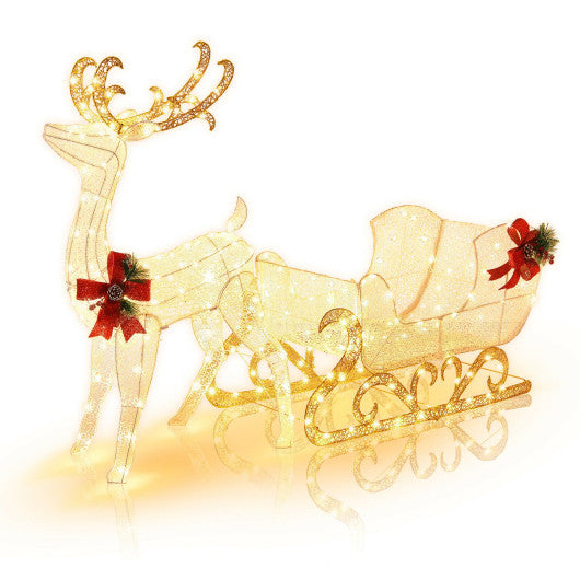 6 Feet Christmas Lighted Reindeer and Santa's Sleigh Decoration with 4 Stakes-Golden