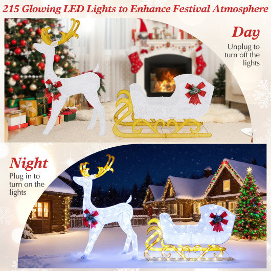 6 Feet Christmas Lighted Reindeer and Santa's Sleigh Decoration with 4 Stakes-White