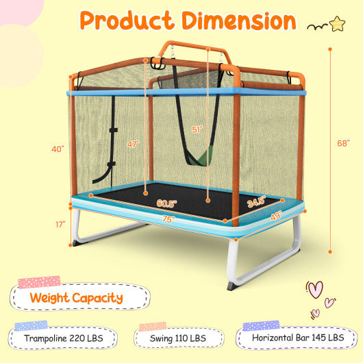 6 Feet Rectangle Trampoline with Swing Horizontal Bar and Safety Net-Orange