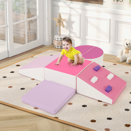 6-Piece Soft Play Set for Toddlers with Climbing Triangle and Ramp-Pink
