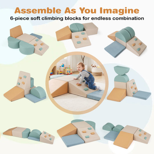 6-Piece Soft Play Set for Toddlers with Climbing Triangle and Ramp-Gray and Green