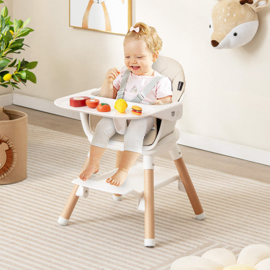 6 in 1 Convertible Highchair with Safety Harness and Removable Tray-Beige