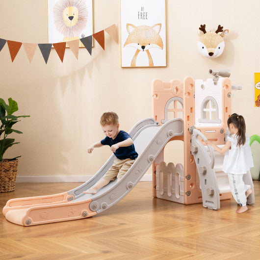6-in-1 Toddle Slide L-shaped Playground with Basketball Hoop and Ladder-Pink
