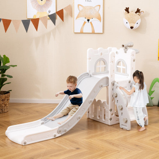 6-in-1 Toddle Slide L-shaped Playground with Basketball Hoop and Ladder-Gray