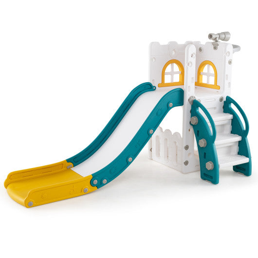 6-in-1 Toddle Slide L-shaped Playground with Basketball Hoop and Ladder-Yellow