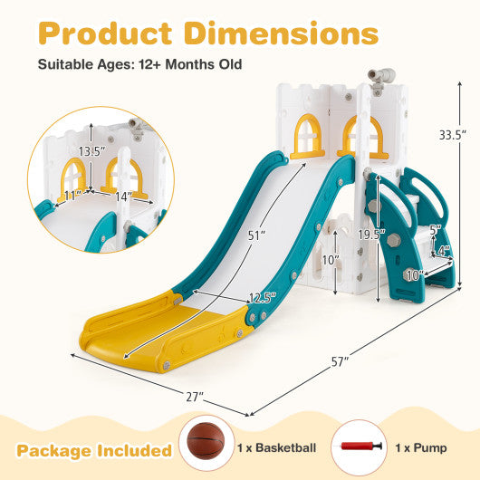 6-in-1 Toddler Slide L-shaped Playground with Basketball Hoop and Ladder-Yellow