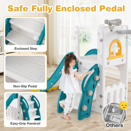 6-in-1 Toddler Slide L-shaped Playground with Basketball Hoop and Ladder-Yellow