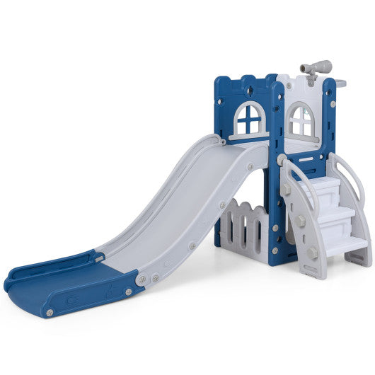 6-in-1 Toddler Slide L-shaped Playground with Basketball Hoop and Ladder-Blue