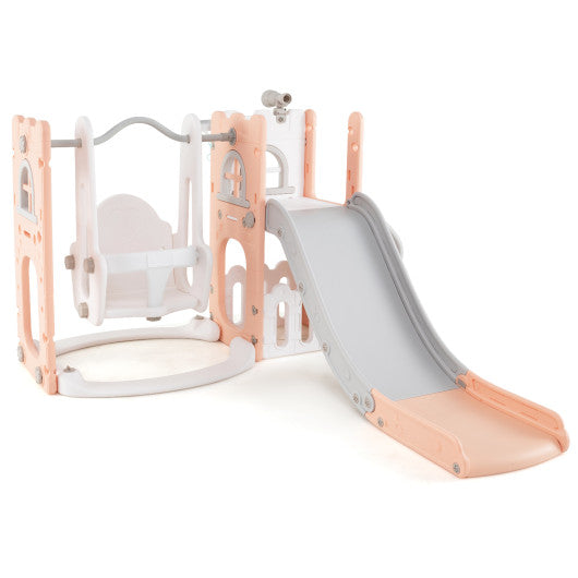 7-in-1 Toddle Swing and Slide Set L-shaped with Ladder and Basketball Hoop-Pink