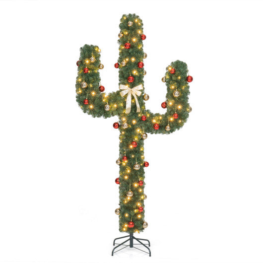 7 Feet Artificial Cactus PVC Christmas Tree with LED Lights and Ball Ornaments-7 ft
