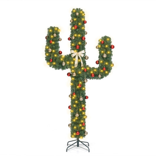 7 Feet Artificial Cactus PVC Christmas Tree with LED Lights and Ball Ornaments-7 ft