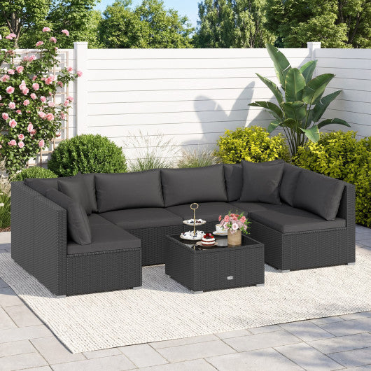 7 Pieces Outdoor Sectional Wicker Patio Furniture Sofa Set with Tempered Glass Top and Softy Cushions-Black