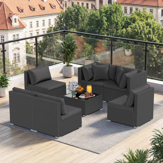 7 Pieces Outdoor Sectional Wicker Patio Furniture Sofa Set with Tempered Glass Top and Softy Cushions-Black