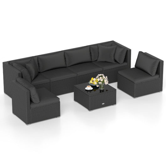 7 Pieces Outdoor Sectional Wicker Patio Furniture Sofa Set with Tempered Glass Top and Softy Cushions-Black