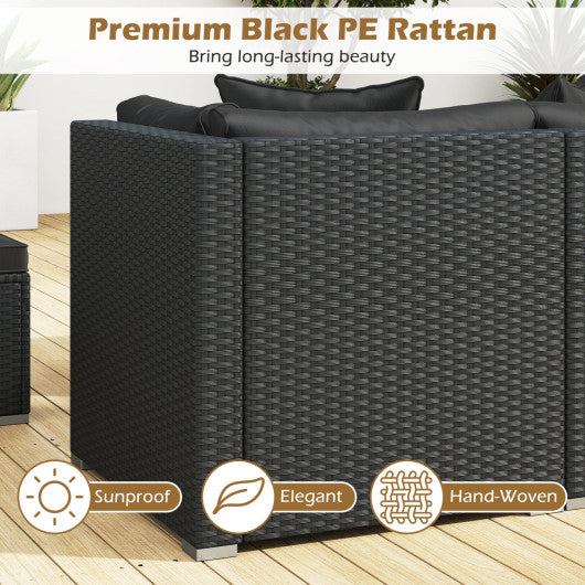7 Pieces Outdoor Sectional Wicker Patio Furniture Sofa Set with Tempered Glass Top and Softy Cushions-Black