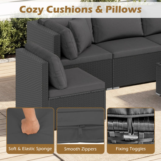7 Pieces Outdoor Sectional Wicker Patio Furniture Sofa Set with Tempered Glass Top and Softy Cushions-Black