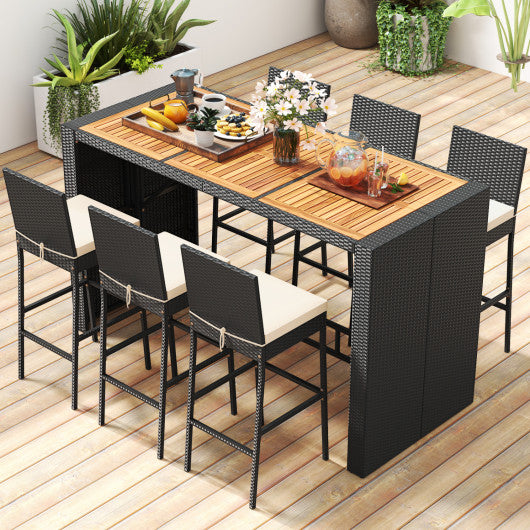 7 Pieces Patio Rattan Bar Set with Seat Cushions for Porch Yard Garden