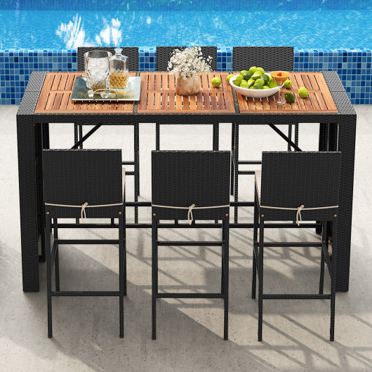 7 Pieces Patio Rattan Bar Set with Seat Cushions for Porch Yard Garden