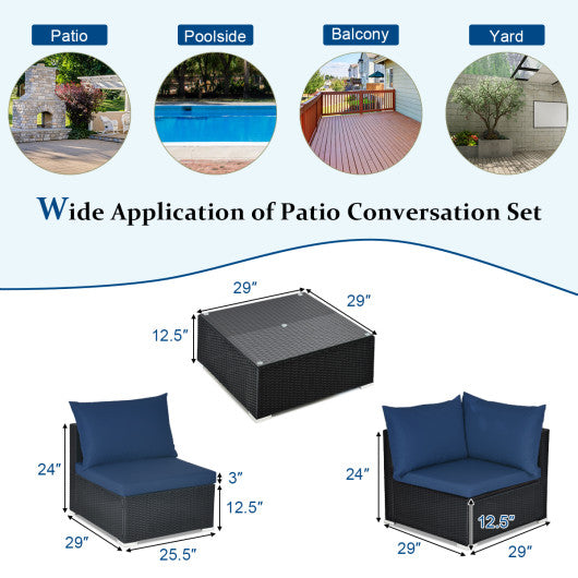 7 Pieces Sectional Wicker Furniture Sofa Set with Tempered Glass Top-Off White & Navy