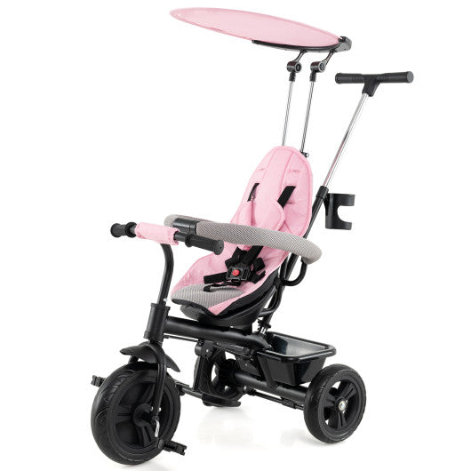 7-in-1 Baby Stroller Tricycle with Adjustable Canopy and Foldable Footrests for Ages 9-60 Months Old-Pink