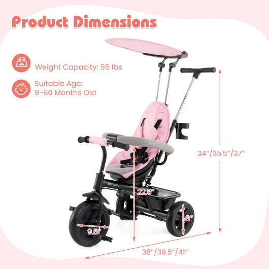 7-in-1 Baby Stroller Tricycle with Adjustable Canopy and Foldable Footrests for Ages 9-60 Months Old-Pink