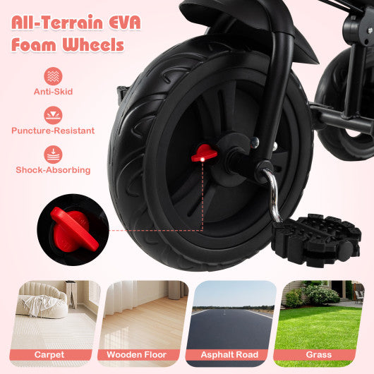 7-in-1 Baby Stroller Tricycle with Adjustable Canopy and Foldable Footrests for Ages 9-60 Months Old-Pink