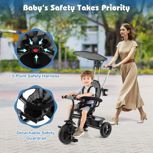 7-in-1 Baby Stroller Tricycle with Adjustable Canopy and Foldable Footrests for Ages 9-60 Months Old-Gray