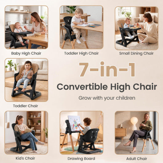 7-in-1 Convertible Foldable Baby High Chair with Adjustable Tray for Kids-Brown